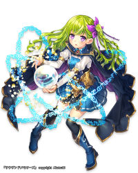 Rule 34 | 1girl, black thighhighs, boots, braid, cape, character request, green hair, hair ribbon, highres, long hair, looking at viewer, official art, orb, parted lips, pleated skirt, purple eyes, renta (deja-vu), ribbon, side ponytail, simple background, single braid, skirt, solo, thighhighs, thousand memories, white background, zettai ryouiki