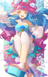 Rule 34 | 1girl, absurdres, blue hair, blue nails, bubble, closed eyes, cure la mer, detached collar, detached sleeves, double bun, facing viewer, fingernails, full body, hair bun, hair intakes, hair ornament, hand on own hip, highres, laura (precure), long hair, magical girl, multicolored hair, n-bata, nail polish, open mouth, pants, pantyhose, platform footwear, precure, puffy sleeves, purple hair, purple nails, seashell, shell, smile, solo, thick eyebrows, toeless footwear, toenail polish, toenails, tropical-rouge! precure, two-tone hair, water, white pants, white pantyhose, white sleeves