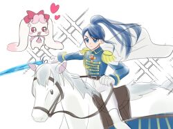 Rule 34 | 1girl, 1other, alternate costume, amagan ruruboshi, blue eyes, blue hair, cape, epaulettes, expressionless, heart, holding, holding sword, holding weapon, horseback riding, long hair, looking at another, looking to the side, military uniform, milk (yes! precure 5), minazuki karen, pants, ponytail, precure, red brooch, riding, sword, uniform, weapon, white cape, white horse, white pants, yes! precure 5