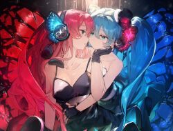 Rule 34 | 2girls, black dress, black gloves, black headwear, blue eyes, blue hair, breasts, butterfly wings, commentary, dress, eye contact, face-to-face, fingerless gloves, gloves, hair between eyes, hand on another&#039;s cheek, hand on another&#039;s face, hat, hatsune miku, headphones, highres, hug, hug from behind, insect wings, large breasts, long hair, looking at another, magnet (vocaloid), megurine luka, mihoranran, mini hat, mini top hat, multiple girls, parted lips, pink hair, sleeveless, sleeveless dress, strapless, strapless dress, teeth, top hat, twintails, very long hair, vocaloid, wings, yuri