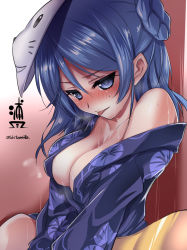 Rule 34 | 10s, 1girl, bad id, bad pixiv id, blue eyes, blue hair, blush, braid, breasts, cleavage, kantai collection, long hair, mask, mask on head, matching hair/eyes, medium breasts, open clothes, solo, tokita monta, tongue, tongue out, urakaze (kancolle)