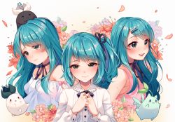 Rule 34 | 3girls, bare shoulders, black bow, black ribbon, blue hair, bow, breasts, choker, closed mouth, collared shirt, commentary, commission, dress shirt, english commentary, flower, green eyes, green flower, grey background, hair ornament, hair ribbon, hairclip, hands up, hyanna-natsu, long hair, mandrake, multiple girls, neck ribbon, off-shoulder shirt, off shoulder, on head, one side up, original, parted lips, petals, pink flower, pink tank top, ribbon, ribbon choker, shirt, simple background, small breasts, smile, tank top, teeth, upper body, upper teeth only, white flower, white shirt