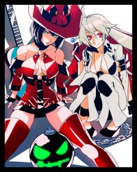 Rule 34 | 2girls, black hair, bodysuit, breasts, cleavage, dress, green eyes, guilty gear, guilty gear xrd, i-no, jack-o&#039; valentine, latex, latex dress, multiple girls, o-ring, o-ring top, red eyes, thighhighs, white hair