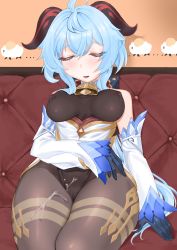 Rule 34 | 1girl, ahoge, bare shoulders, bell, black gloves, black leotard, blue hair, bodystocking, bodysuit, breasts, brown pantyhose, cameltoe, closed eyes, clothes lift, couch, covered erect nipples, crotch, cum, cum on body, cum on legs, cum on legwear, detached sleeves, ganyu (genshin impact), genshin impact, gloves, gold trim, groin, highres, horns, lactation, lactation through clothes, leotard, leotard under clothes, light blue hair, long hair, medium breasts, meshiya, neck bell, open mouth, pantyhose, pelvic curtain, pelvic curtain lift, sidelocks, sitting, sleeping, solo, thighlet, thighs, white sleeves