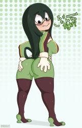 Rule 34 | 1girl, animated, animated gif, ass, ass grab, asui tsuyu, black thighhighs, bnbigus, bodysuit, boku no hero academia, breasts, cameltoe, from behind, full body, gloves, green hair, grey background, long hair, looking back, looking down, medium breasts, open mouth, polka dot, polka dot background, solo, standing, text focus, thick thighs, thighhighs, thighs, white gloves