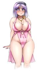 Rule 34 | 1girl, blue eyes, breasts, cleavage, covered navel, dagashi kashi, drinking, highres, large breasts, lipstick, makeup, nail polish, plump, purple hair, shidare hotaru, thick thighs, thighhighs, thighs