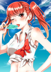 Rule 34 | 1girl, bow, bowtie, earrings, eyebrows, food, hair ornament, hand on own hip, ice cream, jewelry, kyoubashi amane, long hair, looking at viewer, murabito c, navel, one eye closed, red bow, red eyes, red hair, school girl strikers, shirt, solo, tied shirt, tongue, tongue out, twintails, upper body, white shirt