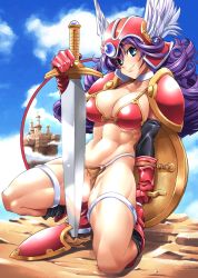 Rule 34 | 1girl, abs, armor, bikini armor, blue eyes, boots, breasts, cleavage, cloud, collar, day, dragon quest, dragon quest iii, elbow gloves, gloves, head wings, helmet, highres, large breasts, long hair, looking at viewer, muscular, navel, on one knee, pauldrons, purple hair, rakko (r2), shield, shoulder armor, smile, soldier (dq3), solo, sword, torn clothes, warrior, weapon, wings