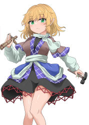 Rule 34 | 1girl, arm warmers, black skirt, blonde hair, blush, breasts, brown shirt, chups, green eyes, green nails, highres, holding, looking at viewer, medium breasts, mizuhashi parsee, nail polish, pointy ears, scarf, shirt, short hair, short sleeves, skirt, solo, standing, touhou, white background, white scarf