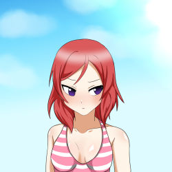 Rule 34 | 1girl, artist name, artist request, bare shoulders, bikini, blue sky, blush, breasts, cloud, collarbone, day, female focus, hair between eyes, looking at viewer, love live!, love live! school idol project, nishikino maki, outdoors, parted lips, pink bikini, purple eyes, red hair, short hair, sky, small breasts, smile, solo, striped bikini, striped clothes, swimsuit, upper body