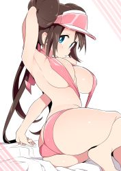 Rule 34 | 1girl, arm behind back, armpits, ass, barefoot, blue eyes, breasts, brown hair, creatures (company), game freak, large breasts, long hair, looking at viewer, nintendo, one-piece swimsuit, pink one-piece swimsuit, pink slingshot swimsuit, pokemon, pokemon bw2, rosa (pokemon), simple background, sitting, slingshot swimsuit, solo, swimsuit, tottotonero, twintails, visor cap, white background