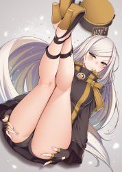 Rule 34 | 1girl, ass, black gloves, black hat, black panties, blush, breasts, buckle, closed mouth, commentary request, fingerless gloves, fingernails, gloves, green eyes, grey hair, guilty gear, guilty gear xrd, hands on own ass, hat, high collar, high heels, highres, large breasts, legs together, legs up, long hair, long sleeves, looking at viewer, lying, millia rage, on back, panties, petals, ray-akila, simple background, solo, swept bangs, tsurime, underwear, unworn hat, unworn headwear, v-shaped eyebrows, very long hair