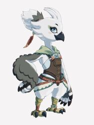 Rule 34 | 1boy, animal feet, ankleband, arm at side, armor, bandana, beak, bird boy, bird legs, blue eyes, blush, blush stickers, body fur, claws, closed mouth, feather hair ornament, feathers, full body, furry, furry male, green bandana, grey fur, grey hair, grey wings, hair ornament, hair tie, hand on own hip, highres, looking at viewer, male focus, multicolored hair, nintendo, profile, red feathers, riku (ri1k63), rito, short hair, simple background, solo, standing, the legend of zelda, the legend of zelda: tears of the kingdom, tulin (zelda), two-tone fur, two-tone hair, white background, white fur, white hair, winged arms, wings