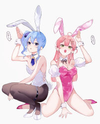 Rule 34 | 2girls, :3, ahoge, alternate costume, animal ears, aya02ka, bare shoulders, blue eyes, blue hair, blue nails, blue necktie, blush, breasts, cleavage, commentary request, detached collar, double-parted bangs, earrings, fake animal ears, flower earrings, full body, green eyes, grey background, hair between eyes, hair ribbon, highres, hololive, hoshimachi suisei, jewelry, large breasts, leotard, long hair, looking at viewer, multiple girls, necktie, open mouth, pantyhose, pink hair, pink leotard, playboy bunny, rabbit ears, rabbit tail, ribbon, sakura miko, side ponytail, simple background, small breasts, speech bubble, squatting, strapless, strapless leotard, tail, thigh strap, translation request, virtual youtuber, white background, white leotard, wrist cuffs
