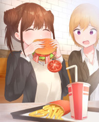 Rule 34 | 2girls, bacon, blush, brown hair, burger, closed eyes, commentary request, cup, disposable cup, drinking straw, eating, food, french fries, highres, holding, holding food, idolmaster, idolmaster shiny colors, lettuce, multiple girls, purple eyes, raised eyebrows, saijo juri, short hair, sitting, sonoda chiyoko, takeroku, tomato, tray, uniform
