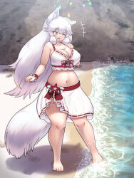Rule 34 | 1girl, animal ears, arctic fox (kemono friends), barefoot, beach, bikini, bow, bow bikini, breasts, cleavage, fang, fox ears, fox girl, fox tail, full body, highres, huge breasts, kemono friends, kemono friends 3, large breasts, lens flare, long hair, midriff, mo23, navel, open mouth, plump, sarong, solo, swimsuit, tail, thick thighs, thighs, very long hair, wading, water, white hair, wrist cuffs, yellow eyes