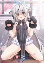 Rule 34 | 1girl, absurdres, animal ears, animal hands, black dress, black gloves, black hair, blue archive, blue halo, blush, breasts, covered navel, curtains, dress, fengshen chino, floor, full body, gloves, grey hair, hair between eyes, halo, highres, indoors, kokona (blue archive), long hair, looking at viewer, multicolored hair, open mouth, orange eyes, paw gloves, sleeveless, sleeveless dress, small breasts, solo, streaked hair, striped clothes, striped dress, tiger ears, vertical-striped clothes, vertical-striped dress, window