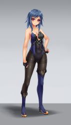 Rule 34 | 1girl, asymmetrical footwear, bare shoulders, blue hair, boots, breasts, cleavage, fingerless gloves, full body, gloves, hand on own hip, high heel boots, high heels, highres, leotard, looking at viewer, midnight (banyex), mismatched footwear, pantyhose, pixiv fantasia, pixiv fantasia revenge of the darkness, red eyes, short hair, simple background, single thigh boot, smile, solo, standing, strapless, thigh boots, thighhighs
