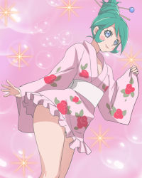 Rule 34 | 1girl, alternate hairstyle, blue eyes, blush stickers, breasts, calen (time bokan), cleavage, closed mouth, colored pubic hair, female focus, female pubic hair, green hair, hair ornament, hair stick, haruyama kazunori, japanese clothes, kimono, looking at viewer, no panties, obi, pink background, pubic hair, sash, short hair, smile, solo, sparkle, standing, time bokan (series), time bokan 24, wide sleeves
