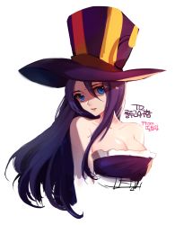 Rule 34 | 1girl, bare shoulders, blue eyes, breasts, caitlyn (league of legends), cleavage, h cheomji, hat, large breasts, league of legends, long hair, purple hair, striped