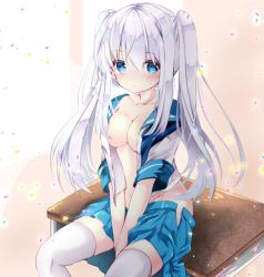 Rule 34 | 1girl, between legs, blue eyes, blue neckwear, blue sailor collar, blue skirt, blush, breasts, cleavage, closed mouth, clothes pull, commentary request, desk, groin, hair between eyes, hand between legs, long hair, looking at viewer, medium breasts, nanase nao, navel, no bra, no panties, nose blush, on desk, open clothes, open shirt, open skirt, original, pleated skirt, sailor collar, school desk, school uniform, serafuku, shirt, short sleeves, sidelocks, silver hair, sitting, on desk, skirt, skirt pull, solo, thighhighs, twintails, very long hair, white shirt, white thighhighs