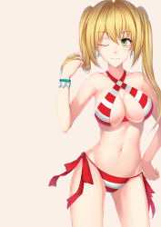 Rule 34 | 1girl, bad id, bad pixiv id, blonde hair, blush, bracelet, breasts, cleavage, closed mouth, earrings, fate/grand order, fate (series), green eyes, hand on own hip, highres, jewelry, large breasts, long hair, navel, nero claudius (fate), nero claudius (fate) (all), nero claudius (swimsuit caster) (fate), one eye closed, scal2let, smile, solo, twintails