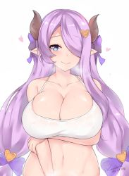 Rule 34 | 1girl, bare shoulders, blue eyes, blush, braid, breast hold, breasts, cleavage, closed mouth, collarbone, cowboy shot, dated, draph, granblue fantasy, hair ornament, hair over one eye, hairclip, heart, heart-shaped pupils, horns, kuavera, large breasts, light purple hair, long hair, looking at viewer, midriff, narmaya (granblue fantasy), navel, pointy ears, shiny skin, shirt, sidelocks, signature, simple background, single braid, sleeveless, solo, stomach, symbol-shaped pupils, t-shirt, white background