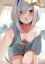 Rule 34 | 1girl, absurdres, amane kanata, angel wings, bare shoulders, blue hair, blush, breasts, buket pudding i, colored inner hair, commentary, downblouse, grey hair, highres, hololive, looking at viewer, multicolored hair, naked shirt, no bra, off shoulder, open mouth, purple eyes, shirt, short hair, small breasts, solo, t-shirt, virtual youtuber, wings