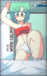 Rule 34 | 1girl, animated, animated gif, arm up, bed, blue hair, blush, bouncing breasts, breasts, bulma, cameltoe, covered erect nipples, diives, dragon ball, dragonball z, english text, gluteal fold, highres, loose socks, panties, red footwear, red tube top, shoes, short hair, sneakers, socks, solo, strapless, subtitled, tube top, underwear, white panties
