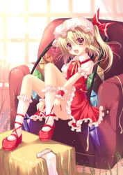 Rule 34 | 1girl, bad id, bad pixiv id, blonde hair, bobby socks, female focus, flandre scarlet, hat, mary janes, neck ribbon, red eyes, ribbon, shoes, short hair, side ponytail, sitting, socks, solo, sousouman, embodiment of scarlet devil, touhou, wings, wrist cuffs