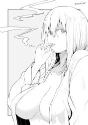 Rule 34 | 1girl, breasts, cigarette, collarbone, grey background, greyscale, kichihachi, large breasts, looking at viewer, medium hair, monochrome, open clothes, open shirt, original, simple background, smoking, solo, twitter username, two-tone background, upper body, white background