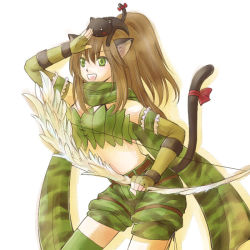 Rule 34 | 1girl, :d, animal, animal ears, animal on head, belt, black cat, bow (weapon), breasts, brown belt, camouflage, camouflage scarf, camouflage shorts, cat, cat ears, cat on head, cat tail, cleavage, commentary request, cowboy shot, drop shadow, fingerless gloves, gloves, green gloves, green scarf, green shorts, green thighhighs, green tube top, high ponytail, holding, holding bow (weapon), holding weapon, long hair, looking afar, manoji, medium breasts, midriff, on head, open mouth, ragnarok online, ranger (ragnarok online), scarf, shading eyes, shorts, simple background, smile, solo, strapless, tail, thighhighs, tube top, weapon, white background