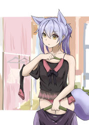 Rule 34 | 1girl, :&lt;, absurdres, animal ears, arknights, bare arms, bare shoulders, black shirt, chinese commentary, clothes hanger, commentary request, cowboy shot, hair between eyes, highres, holding, holding clothes, long sleeves, panties, pink panties, provence (arknights), purple hair, senmiao, shirt, short hair, solo, standing, tail, underwear, wolf ears, wolf tail, yellow eyes