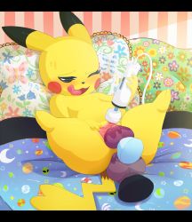 Rule 34 | 1girl, 2017, anal, barefoot, bed, bedroom, blush, creatures (company), dildo, double penetration, female masturbation, furry, furry female, game freak, gen 1 pokemon, highres, lying, manene, masturbation, multiple penetration, nintendo, nude, one eye closed, open mouth, orgasm, pikachu, pillow, pointy ears, pokemon, pokemon (creature), pussy, pussy juice, sex, sex toy, solo, spread legs, sweat, tongue, tongue out, vaginal, vibrator, wink