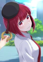 Rule 34 | 1girl, absurdres, arima kana, beret, black headwear, blurry, blurry background, blush, bob cut, closed mouth, collared shirt, commentary, day, hat, headwear pull, highres, inverted bob, looking at viewer, looking back, medium hair, necktie, o-ring, oshi no ko, outdoors, red eyes, red hair, red necktie, shirt, solo focus, tonton utaro, tree, upper body, wavy hair, white shirt