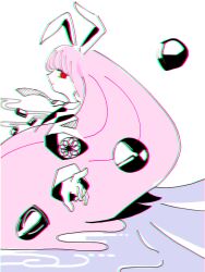 Rule 34 | 3ma can omochi, animal ears, bullet, collared shirt, disembodied hand, expressionless, limited palette, long hair, long sleeves, looking at viewer, necktie, pale skin, purple hair, rabbit, rabbit ears, rabbit girl, red eyes, reisen udongein inaba, shell casing, shirt, simple background, touhou, very long hair, white background, white fur, white shirt