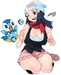 Rule 34 | 1girl, absurdres, artist name, black hair, black shirt, breasts, bubble, cleavage, creatures (company), dawn (pokemon), game freak, gen 4 pokemon, hat, highres, large breasts, long hair, nintendo, pink skirt, piplup, pokemon, pokemon (anime), pokemon (creature), pokemon dppt (anime), red scarf, scarf, shirt, simple background, skirt, sleeveless, sleeveless shirt, solo, white background, white hat, whoopsatro