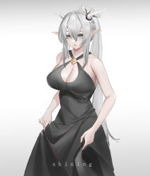 Rule 34 | 1girl, absurdres, arknights, bare arms, bare shoulders, blush, breasts, character name, cleavage, cleavage cutout, clothes lift, clothing cutout, collarbone, cowboy shot, dress, dress lift, grey eyes, grey hair, highres, horns, large breasts, long hair, looking at viewer, parted lips, pointy ears, ponytail, shining (arknights), simple background, sleeveless, sleeveless dress, solo, very long hair, white background, yuanqi (chriu)