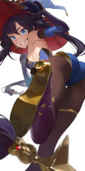 Rule 34 | 1girl, absurdres, ass, bare shoulders, black gloves, black hair, blue eyes, blue hat, blue leotard, blush, bodystocking, breasts, brown pantyhose, detached sleeves, earrings, elbow gloves, foreshortening, fur collar, genshin impact, gloves, gold trim, grin, hat, hat ornament, high heels, highleg, highleg leotard, highres, jewelry, leg up, leotard, long hair, looking at viewer, looking back, medium breasts, modare, mona (genshin impact), pantyhose, smile, solo, star (symbol), star earrings, thighlet, thighs, twintails, witch hat