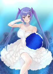Rule 34 | 1girl, assault lily, bare shoulders, blue background, blue flower, blue rose, blush, bouquet, breasts, cleavage, collarbone, commentary request, crossed legs, dress, elbow gloves, feet out of frame, floral background, flower, frilled dress, frills, gloves, gradient background, hair ornament, hair ribbon, hand on own cheek, hand on own face, hands up, highres, holding, holding bouquet, invisible chair, kanden natsume, large breasts, layered dress, long hair, looking at viewer, matsumura fuuka, parted lips, pink eyes, pink ribbon, purple hair, ribbon, rose, sidelocks, sitting, smile, solo, strapless, strapless dress, tassel, tassel hair ornament, twintails, very long hair, wedding dress, white gloves