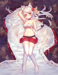 Rule 34 | 1girl, absurdres, animal ears, arm up, azur lane, bed sheet, black gloves, blush, budget sarashi, chi yei, closed mouth, commentary request, fingerless gloves, fingernails, flower, frills, gloves, hair flower, hair ornament, hand up, highres, long hair, looking at viewer, lying, navel, no shoes, on back, panties, pleated skirt, red eyes, red flower, red skirt, sarashi, side-tie panties, silver hair, skirt, solo, tabi, thick eyebrows, thighhighs, underwear, very long hair, white panties, white thighhighs, wolf ears, yuudachi (azur lane)
