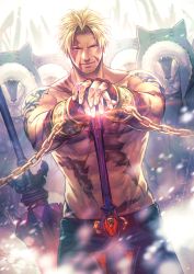 Rule 34 | 1boy, abs, aion kiu, bara, beard, belt, beowulf (fate), blonde hair, chain, cowboy shot, facial hair, fate/grand order, fate (series), fingerless gloves, gloves, glowing, highres, hood, hood up, large pectorals, light, looking at viewer, male focus, manly, muscular, outdoors, pants, parted bangs, pectorals, planted, planted sword, planted weapon, red eyes, scar, shadow, shoulder tattoo, smile, snow, snowing, solo, standing, sword, tattoo, topless male, upper body, weapon, wolf