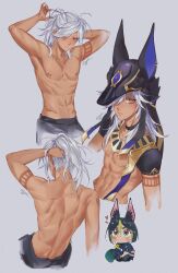 Rule 34 | 2boys, abs, animal ears, animal hat, arabian clothes, arms up, black headwear, black pants, blush, chibi, chibi inset, closed mouth, cyno (genshin impact), dark-skinned male, dark skin, genshin impact, ggelus, gold trim, grey background, hair over one eye, hat, high ponytail, highres, jackal ears, jewelry, long hair, looking at viewer, male focus, multiple boys, multiple views, muscular, muscular male, navel, necklace, one eye covered, pants, parted bangs, ponytail, red eyes, short sleeves, sidelocks, simple background, standing, stomach, sweatdrop, swept bangs, tighnari (genshin impact), topless male, tying hair, white hair