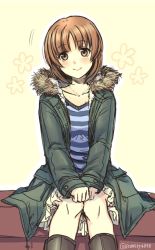Rule 34 | 1girl, black footwear, blue shirt, blush, boots, brown eyes, brown hair, casual, closed mouth, coat, commentary, fur-trimmed coat, fur trim, girls und panzer, hands on lap, hood, hooded coat, jewelry, light blush, looking at viewer, medium skirt, motion lines, necklace, nishizumi miho, open clothes, open coat, shirt, short hair, sitting, skirt, smile, solo, striped clothes, striped shirt, totonii (totogoya), twitter username, v arms, white skirt, yellow background