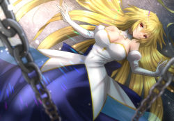 Rule 34 | 1girl, archetype earth, arcueid brunestud, bare shoulders, blue dress, blurry, breasts, chain necklace, cleavage, covered erect nipples, depth of field, detached collar, dress, elbow gloves, gloves, hair between eyes, highres, large breasts, long hair, looking at viewer, lying, necklace, on back, red eyes, solo, tsukihime, vent vert (kuuya), very long hair, white gloves