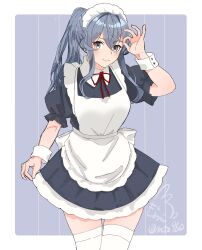 Rule 34 | 1girl, alternate costume, apron, blue dress, blue hair, border, commentary request, cowboy shot, dress, enmaided, frilled dress, frills, gotland (kancolle), grey background, grey eyes, highres, kantai collection, light smile, looking at viewer, maid, maid apron, maid headdress, medium hair, mochizou, mole, mole under eye, ponytail, puffy short sleeves, puffy sleeves, red ribbon, ribbon, short sleeves, signature, simple background, solo, thighhighs, twitter username, white border, white thighhighs, wrist cuffs