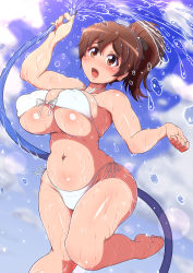 Rule 34 | 10s, 1girl, barefoot, bikini, blue sky, blush, bouncing breasts, breasts, brown eyes, brown hair, cleavage, covered erect nipples, curvy, day, female focus, girls und panzer, groin, hair ornament, hair ribbon, high ponytail, highres, koyama yuzu, large breasts, long hair, looking at viewer, navel, open mouth, plump, ponponmaru, ponytail, ribbon, shiny skin, side-tie bikini bottom, sky, solo, swimsuit, thong, water, wet, wet clothes, wet swimsuit, wide hips