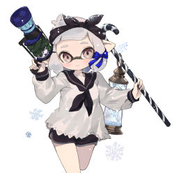 Rule 34 | 1girl, artist name, bandana, black bandana, black neckwear, black sailor collar, black shorts, blouse, blue bow, blunt bangs, bow, candy, candy cane, cane, closed mouth, commentary, cowboy shot, cropped legs, dolphin shorts, food, grey eyes, grey hair, hair bow, highres, holding, holding cane, holding weapon, inkling, inkling girl, inkling player character, l-3 nozzlenose (splatoon), lantern, long sleeves, looking at viewer, nintendo, oversized food, oversized object, pointy ears, sailor collar, shirt, short hair, short shorts, shorts, signature, simple background, snowflakes, snowing, solo, splatoon (series), splatoon 2, standing, tentacle hair, ume (plumblossom), weapon, white background, white shirt