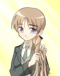 Rule 34 | 1girl, bad id, bad pixiv id, blue eyes, braid, braiding hair, breasts, brown hair, female focus, gradient background, hair over shoulder, hairdressing, long hair, lynette bishop, medium breasts, necktie, sayu (mio-mosa), single braid, smile, solo, strike witches, sweater, world witches series