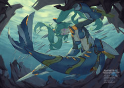 Rule 34 | 1girl, afloat, air bubble, bigrbear, breasts, bubble, character name, character sheet, cyborg, covered erect nipples, fins, fish, floating hair, gauntlets, green hair, hand up, height, highres, holding, holding weapon, large breasts, long hair, looking at viewer, motion blur, navel, original, polearm, purple eyes, school of fish, smile, solo, spear, submerged, twintails, underwater, weapon, weight